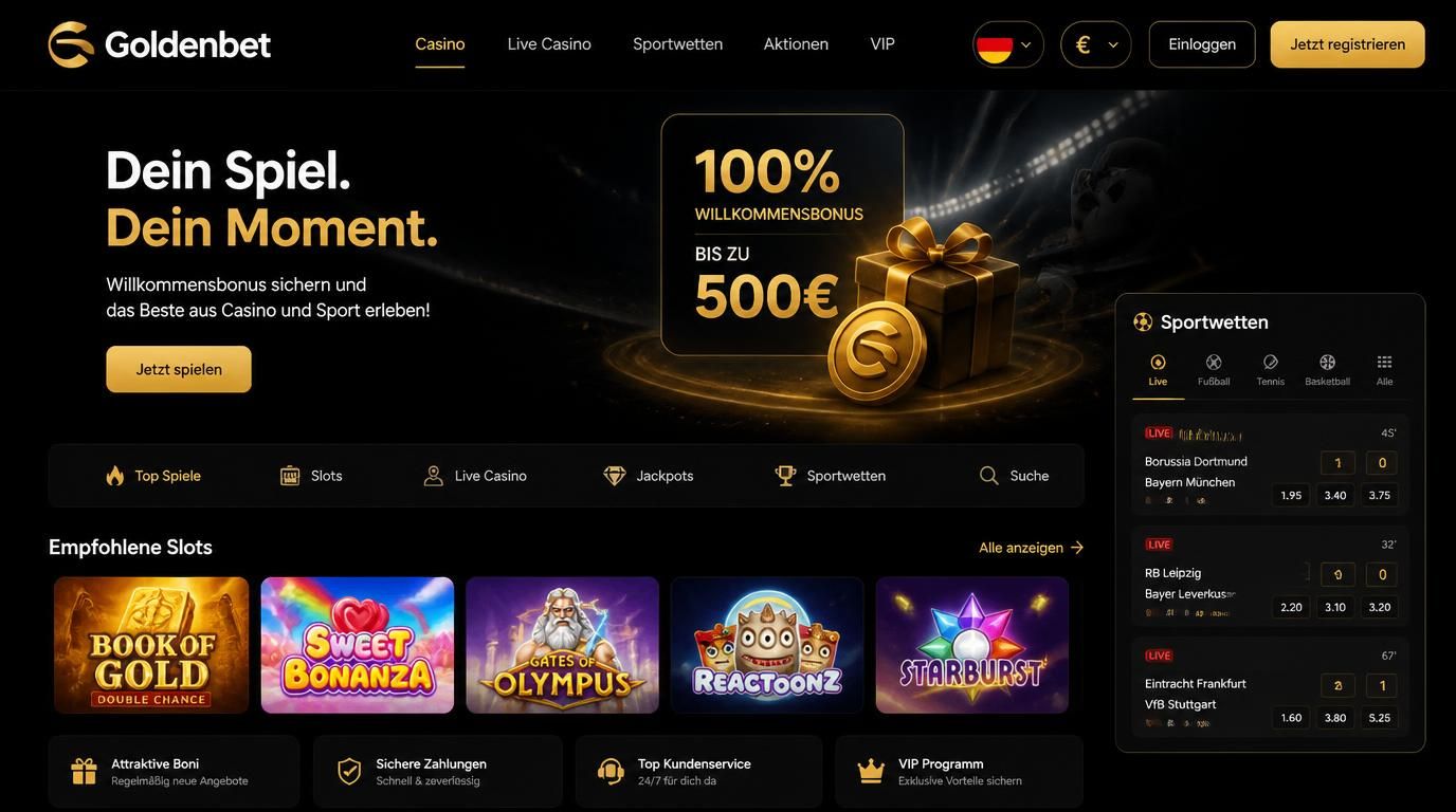 Deutsche Startseite von Goldenbet Casino mit Boni- und Login-Interface