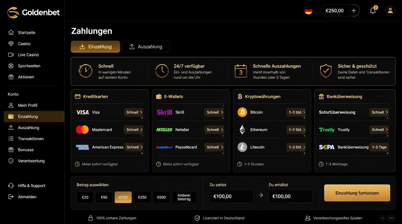Verschiedene Zahlungsmethoden und Auszahlungsdauer bei Goldenbet