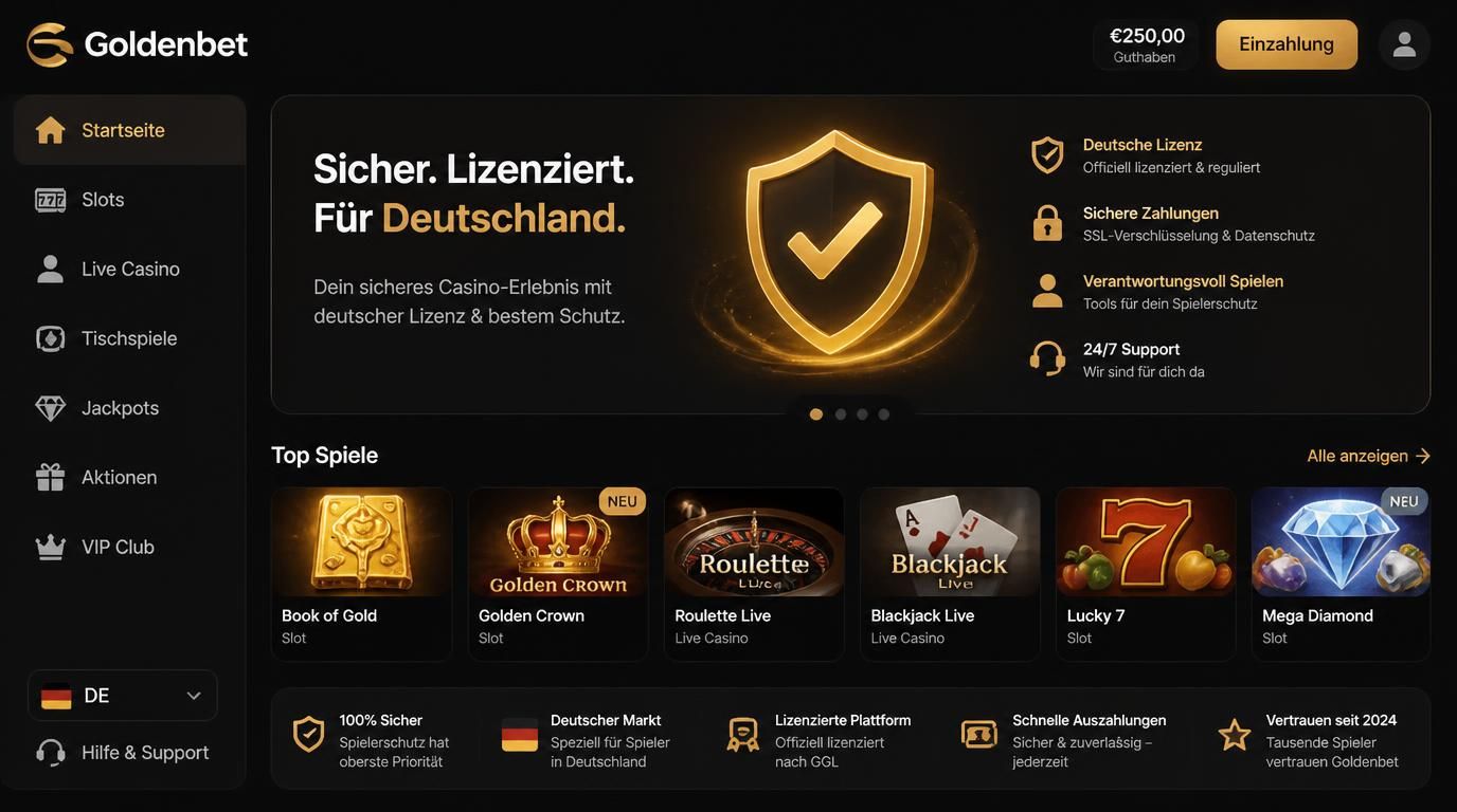 Benutzeroberfläche der Goldenbet Casino App mit Fokus auf Sicherheit und klare Struktur in Deutsch