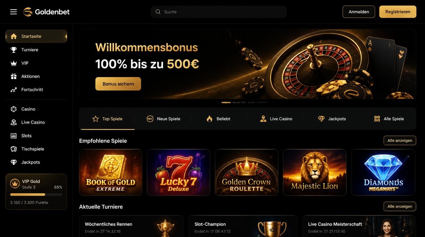 Screenshot einer Goldenbet Casino App mit Hamburger Menü und Suchfunktion